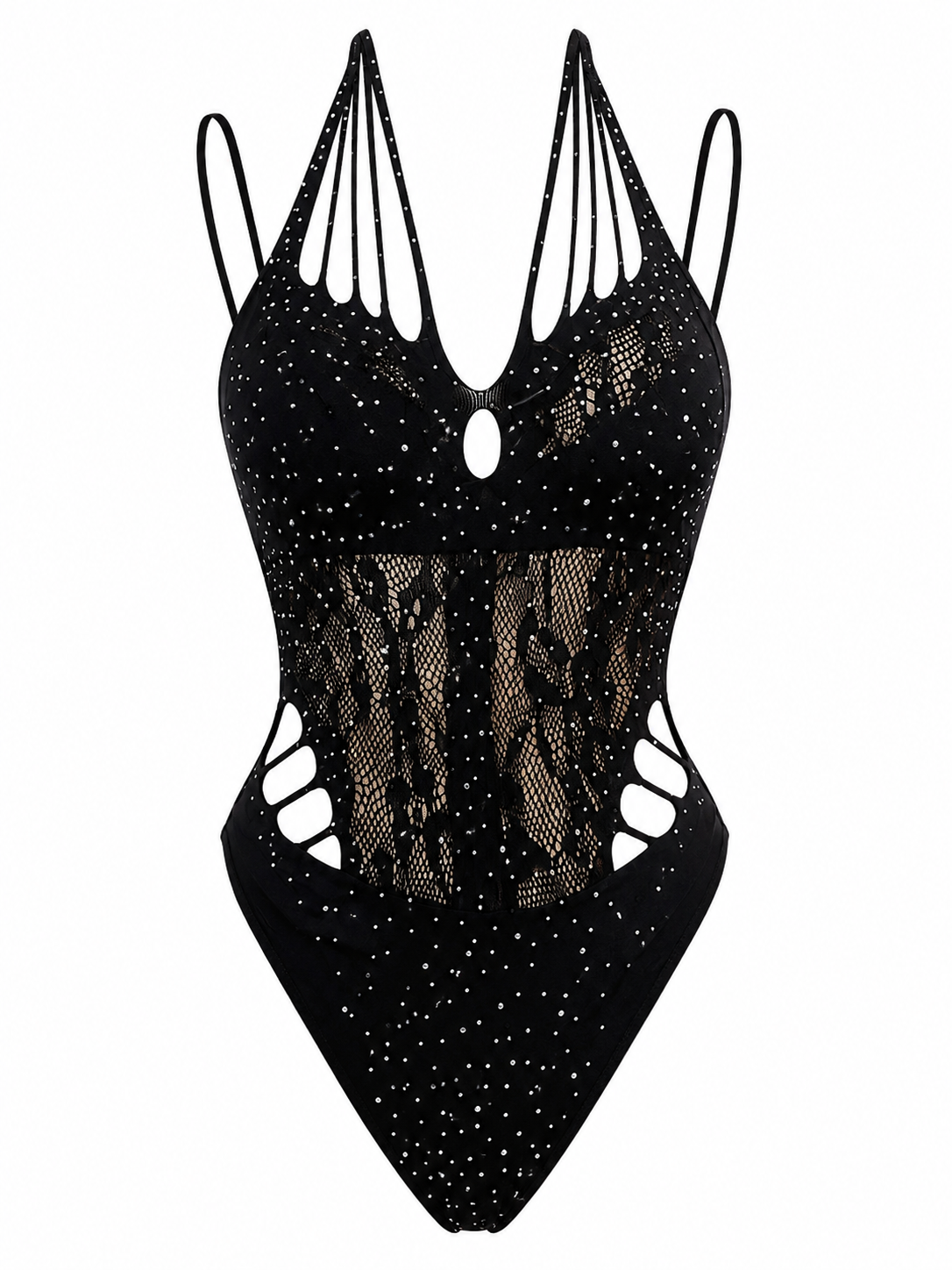 Black Rhinestone Lace Bodysuit